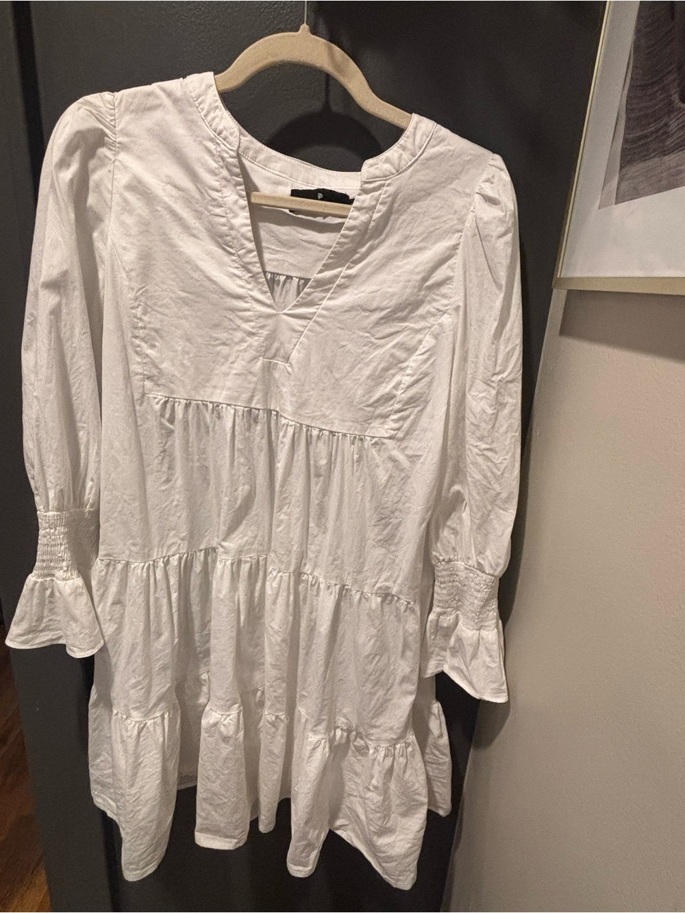 Pomander Place White Tiered V-Neck Long Sleeve Dress